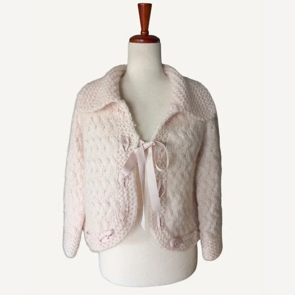 VTG Rebecca Taylor Pink Mohair Blend Cable Knit Ribbon Tie Cardigan Sweater L
